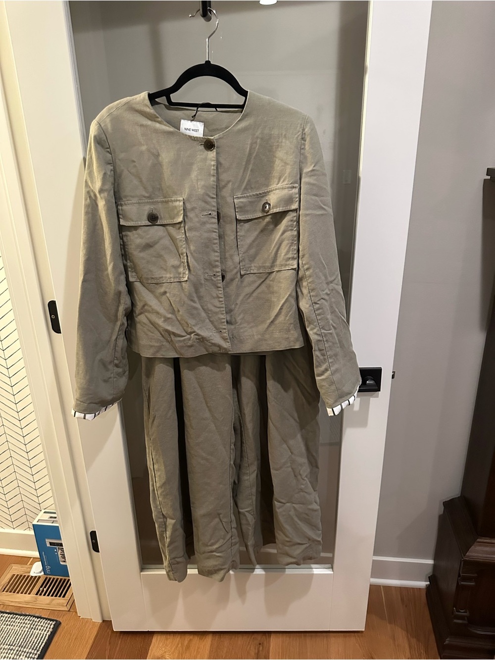 Nine West Olive Pant Set - Collarless Jacket with Flap Pockets & Wide Leg Pants